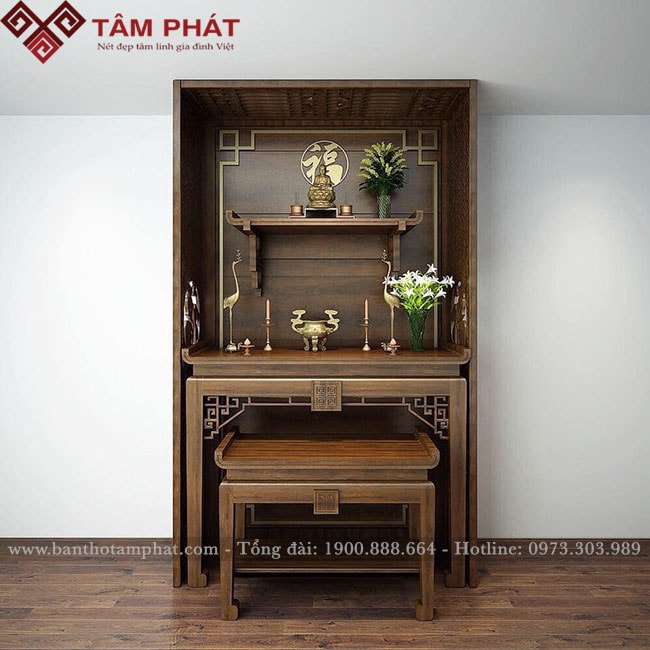 Đặt hàng online mẫu bàn thờ  gia tiên kết hợp với bàn thờ Phật treo tường mẫu BT085